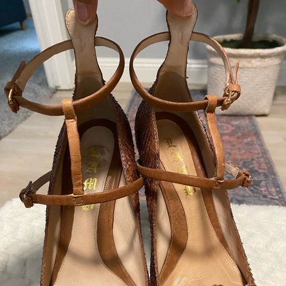 L.A.M.B -Felix, Multi Brown Snakeskin Leather Peep Toe Stiletto Sandal size 9.5M - Picture 3 of 12